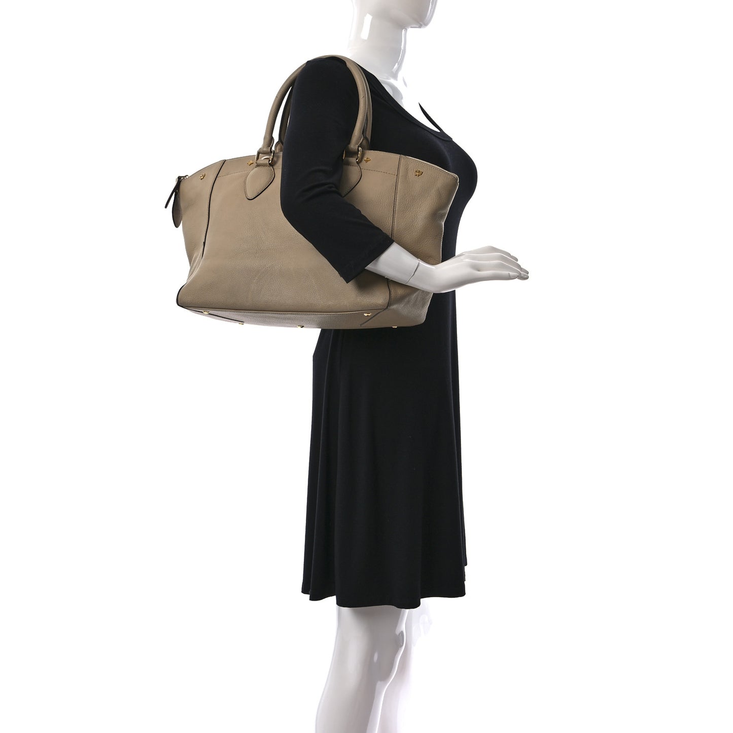 Grained Calfskin Studded Satchel Beige