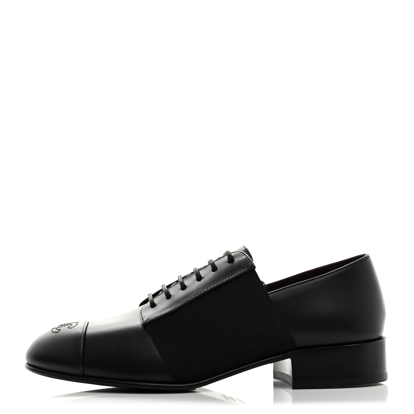 Calfskin Elastic Lace Up Cap Toe CC Loafers 36 Black