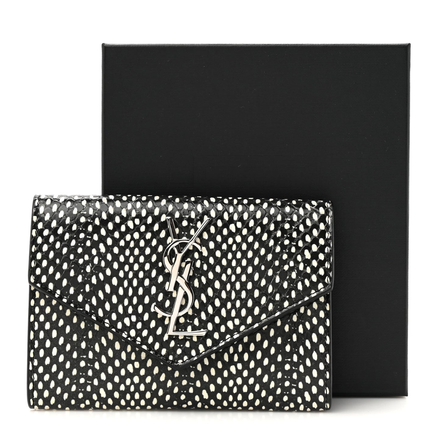 Calfskin Lambskin Snakeskin Embossed Small Monogram Envelope Wallet Black White