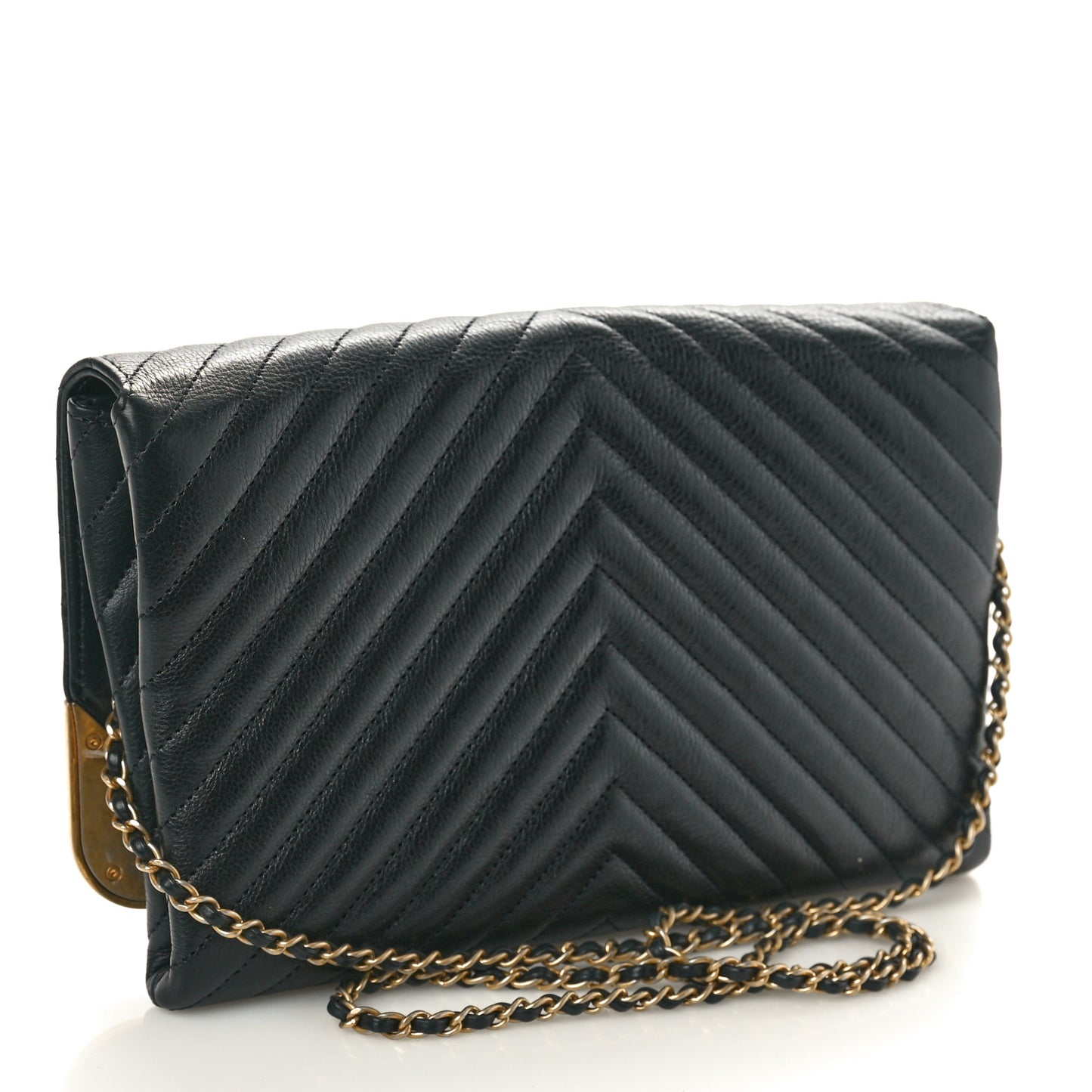 Calfskin Chevron Quilted Rock The Corner Clutch With Chain Black