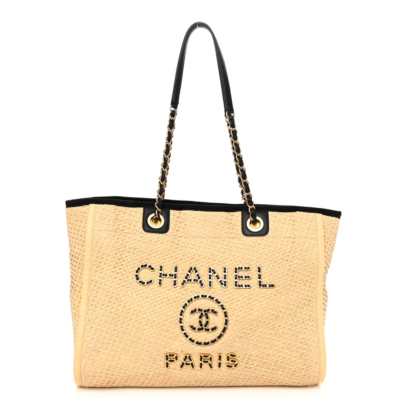 Straw Raffia Calfskin Chain Small Deauville Tote Beige Black