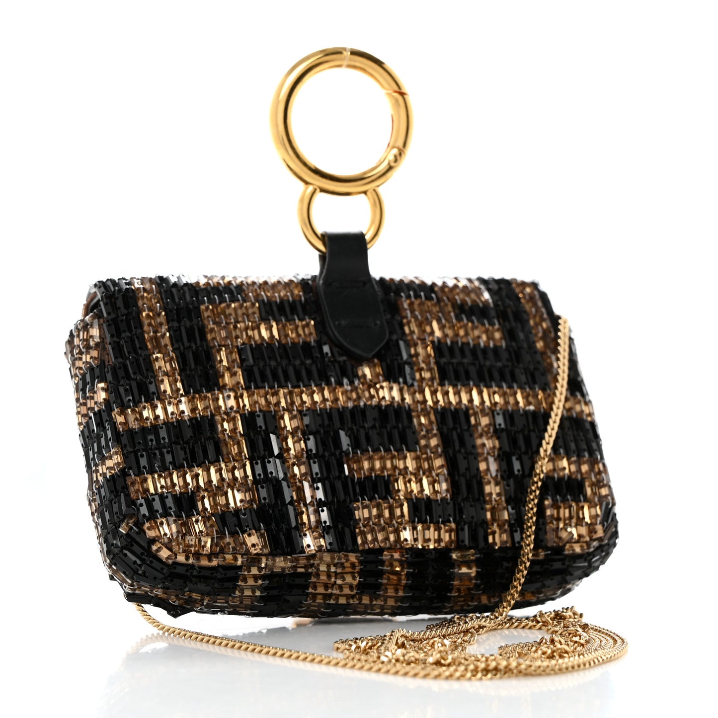 Crystal Vitello King FF Beaded Nano Baguette Charm Moro Black