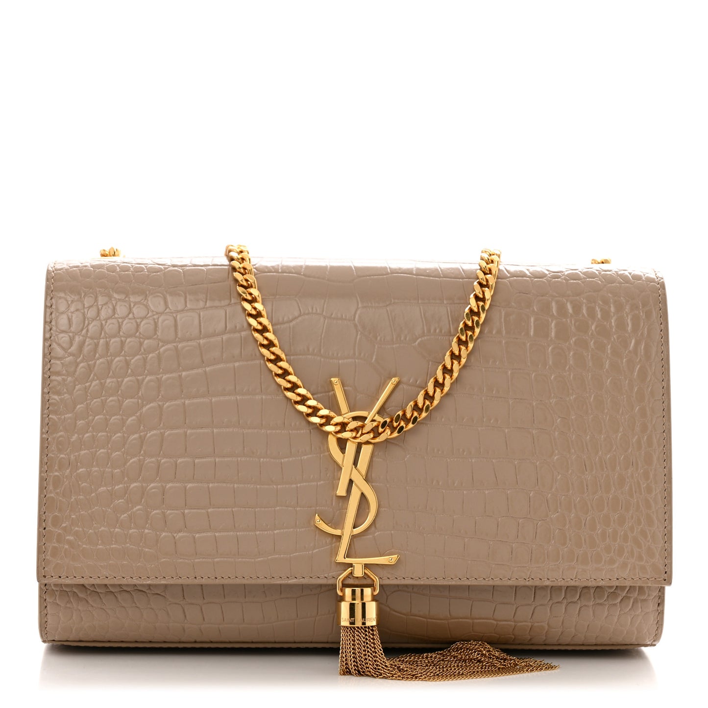 Calfskin Crocodile Embossed Medium Classic Monogram Kate Tassel Satchel Dark Beige