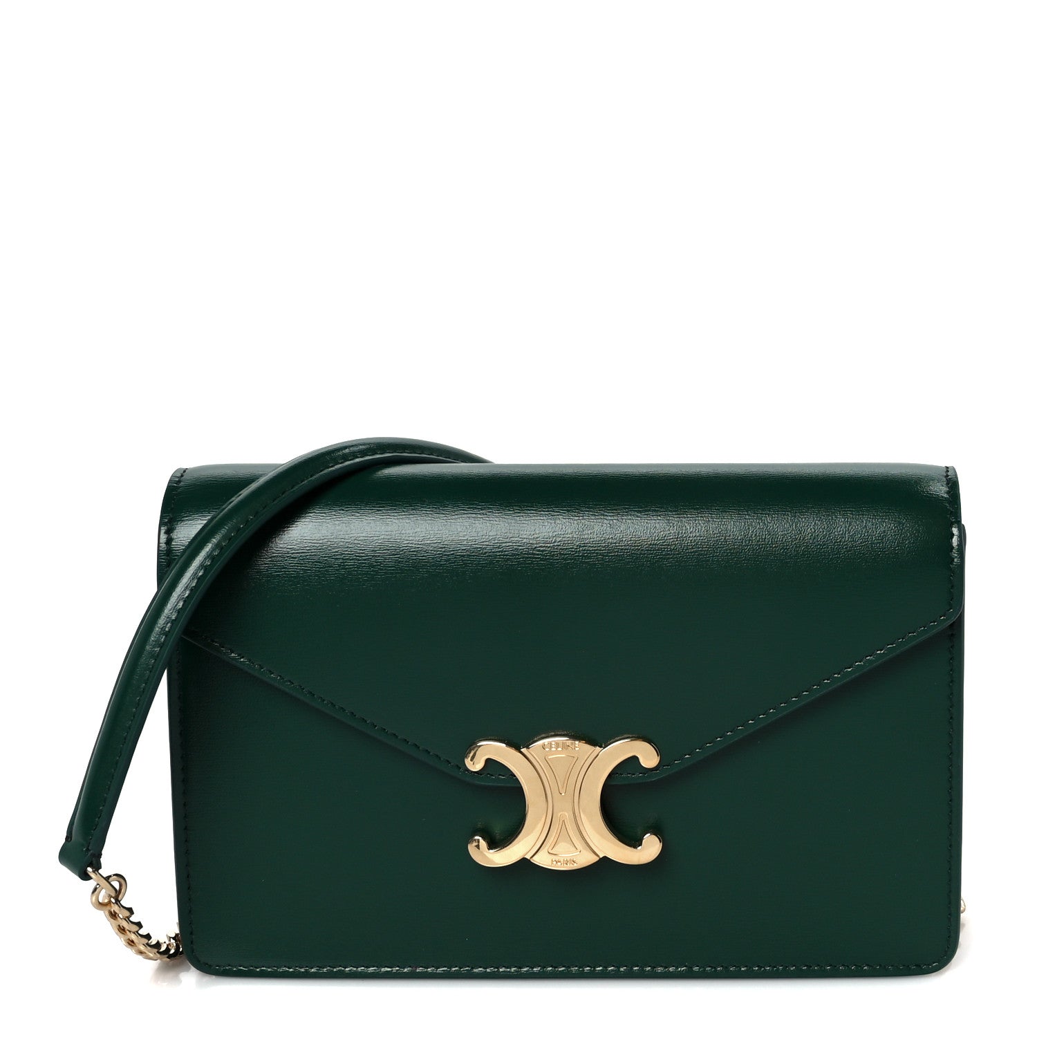 Celine Shiny Calfskin Triomphe Margo Wallet on Chain Racing Green