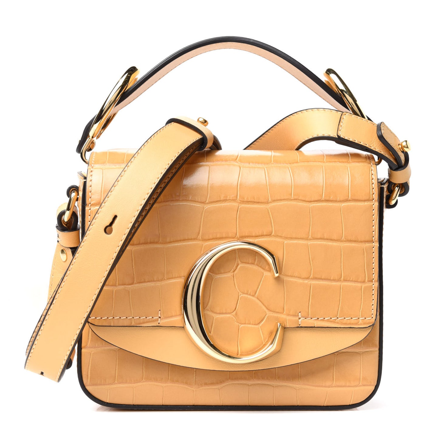 Calfskin Crocodile Embossed Mini C Double Carry Honey Gold