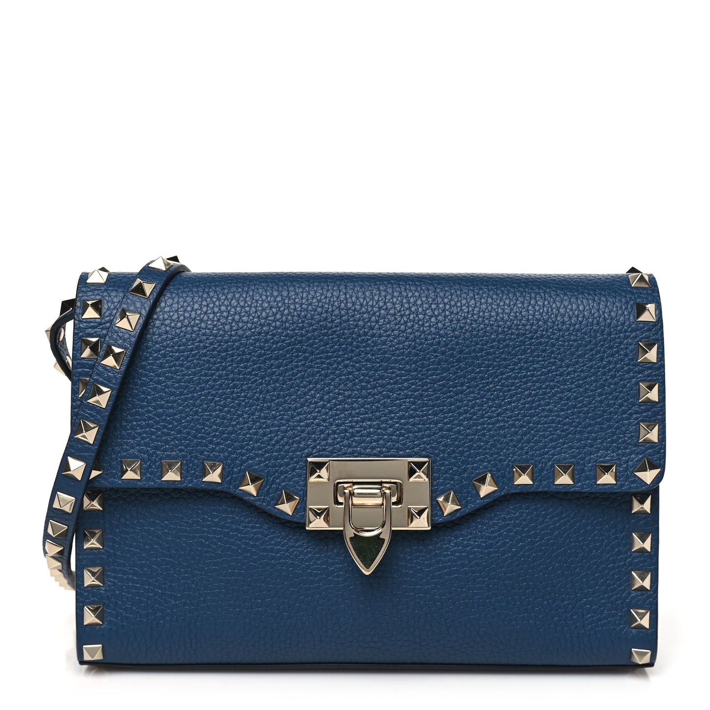 Pebbled Calfskin Medium Rockstud Flip Lock Crossbody Bag Peacock