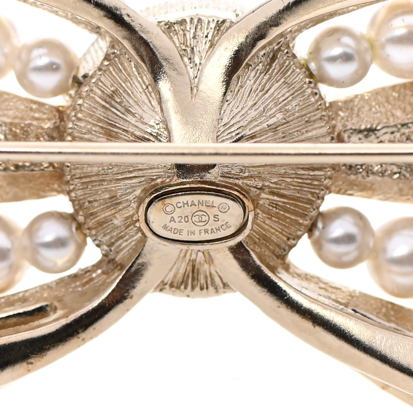 Metal Crystal Pearl CC Bow Brooch Gold