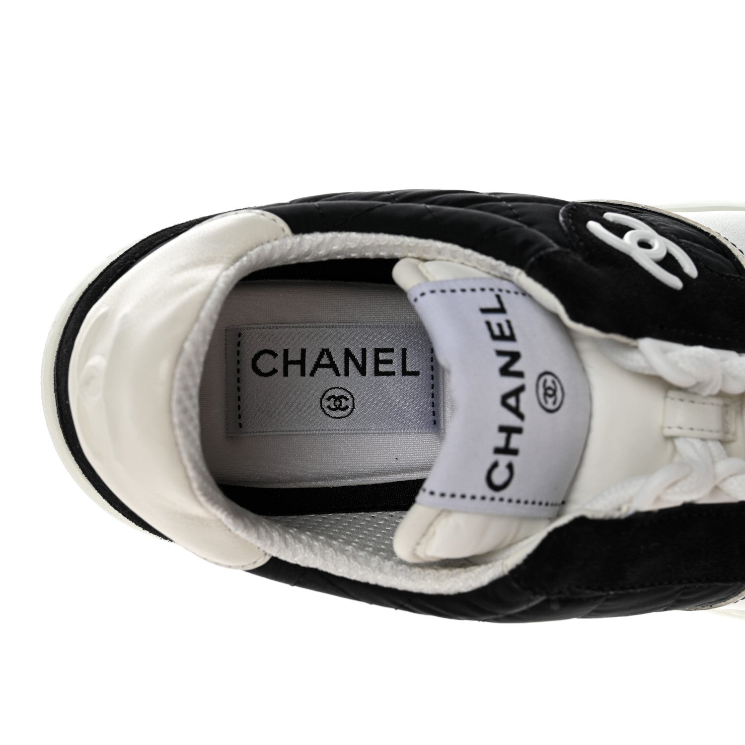 Chanel Suede Fabric Calfskin Womens CC Sneakers 35.5 Black White 6 of 12