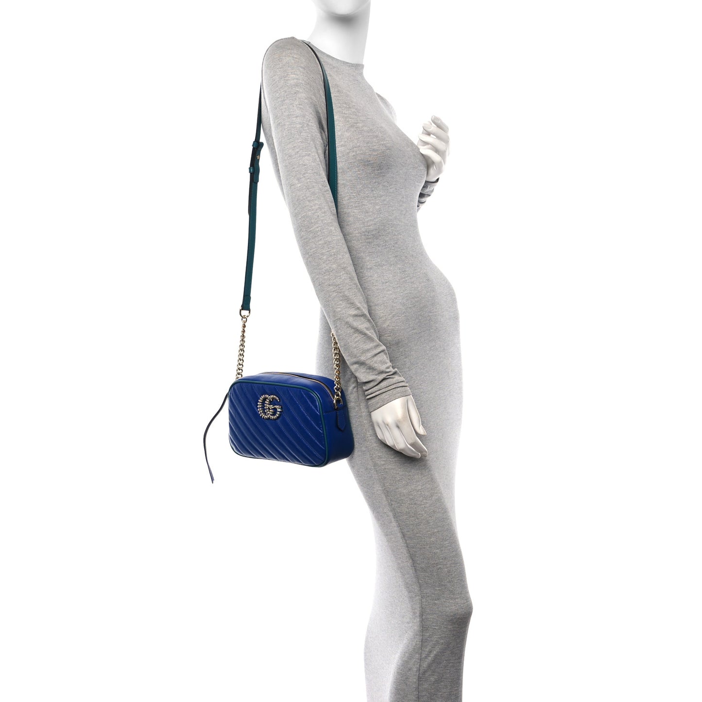 Azalea Calfskin Enamel Matelasse Diagonal Small Torchon GG Marmont Chain Shoulder Bag Imperial Blue Pavone