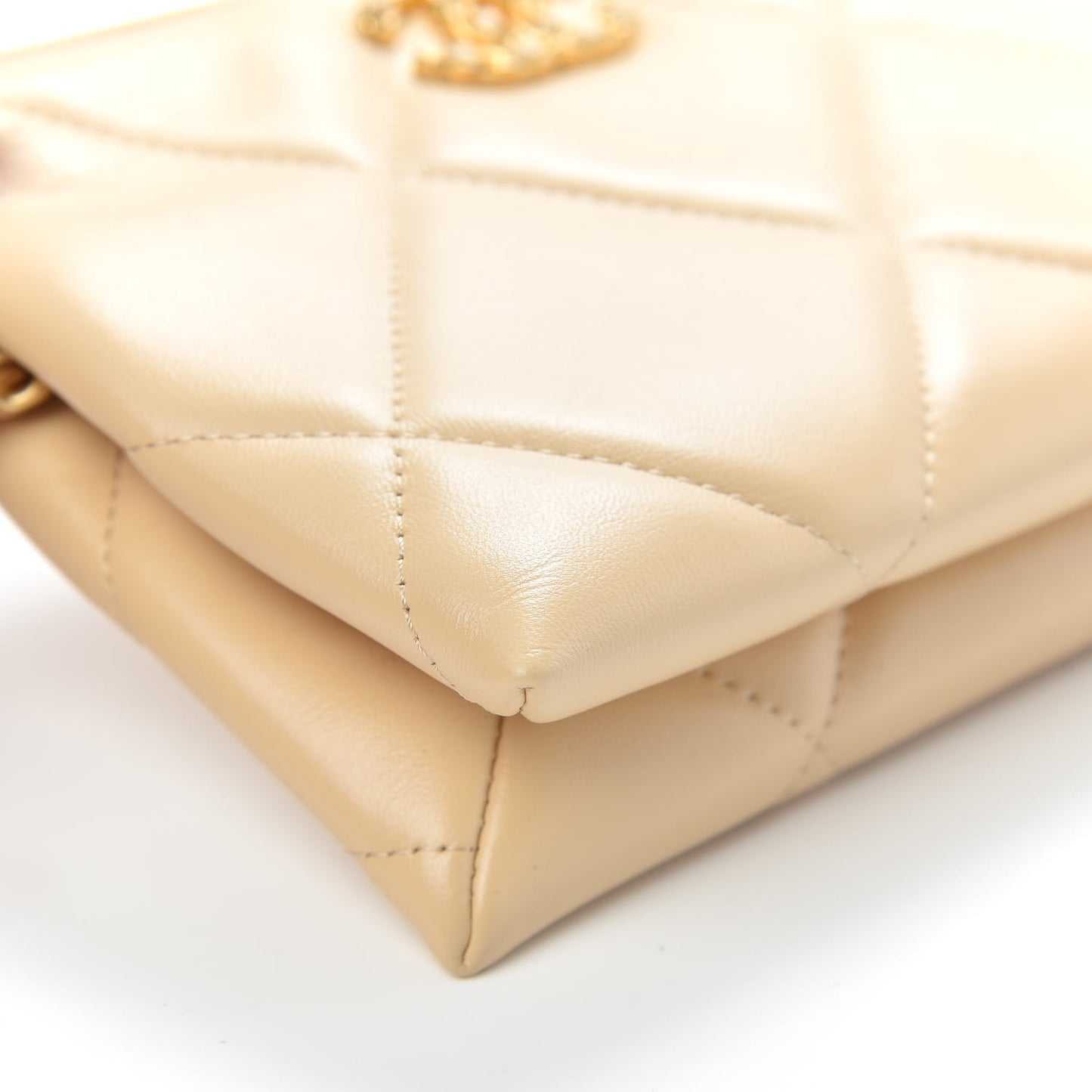 Shiny Goatskin Quilted Chanel 19 Small Pouch With Handle Beige