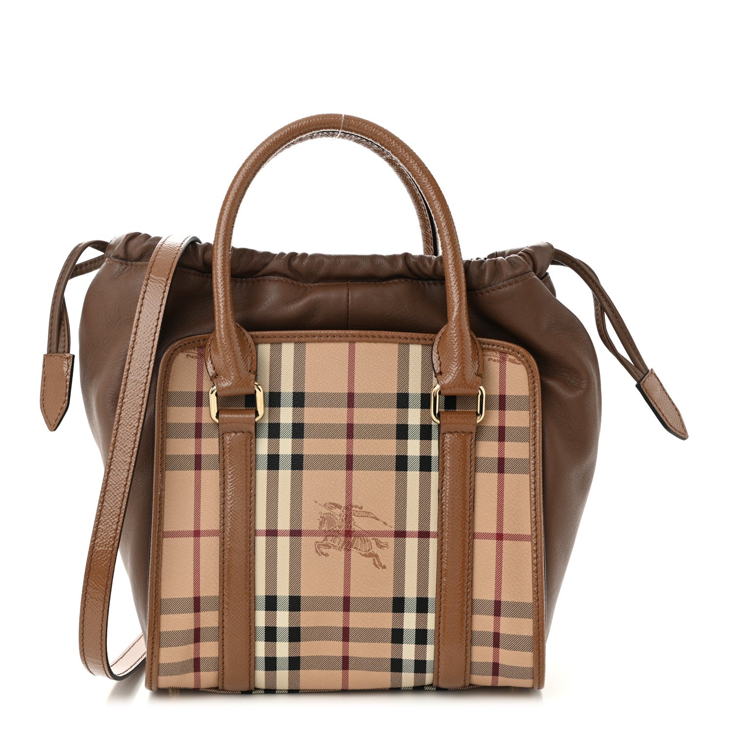 Burberry Patent Haymarket Check Small Dinton Tote Mid Camel