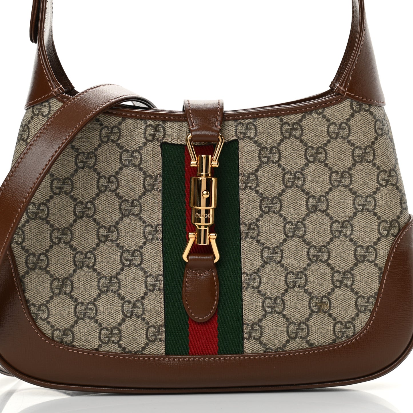 GG Supreme Monogram Azalea Calfskin Web Small Jackie 1961 Hobo Beige Ebony Brown Sugar