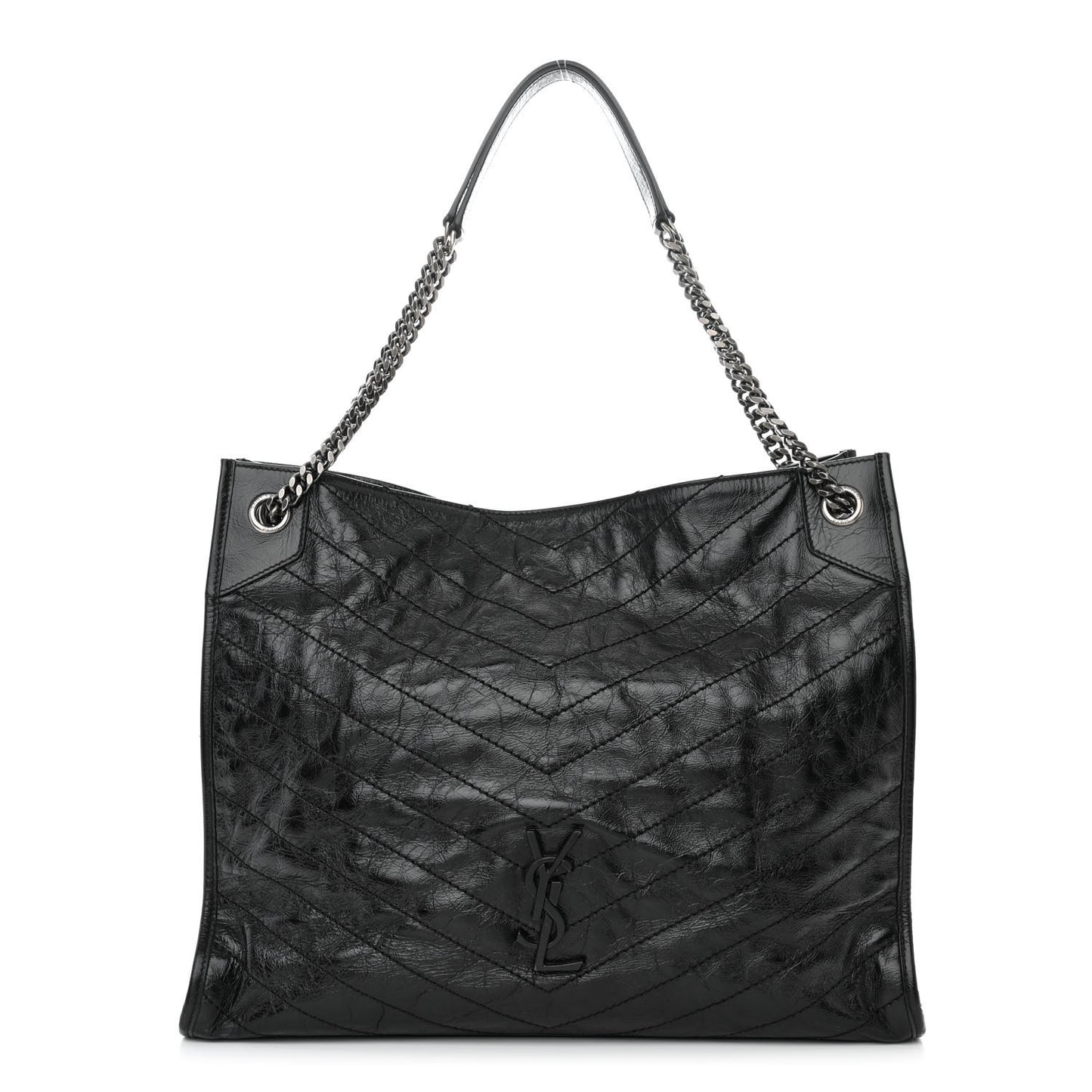 Crinkled Calfskin Matelasse Monogram Large Niki Shopper Tote Black