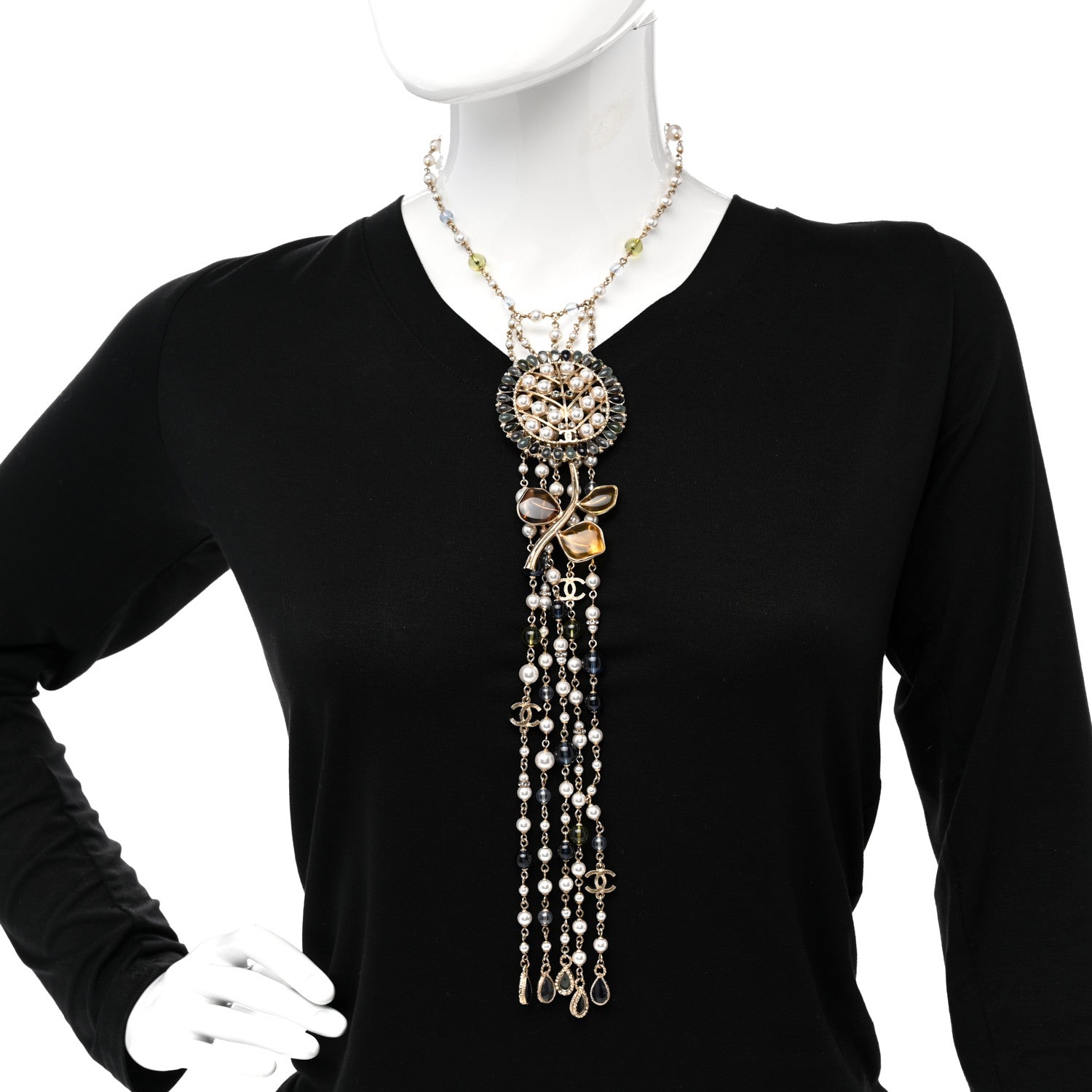 Chanel Pearl Beaded Flower Multi Strand Choker Necklace Golden White Blue Pearly White 2 of 7