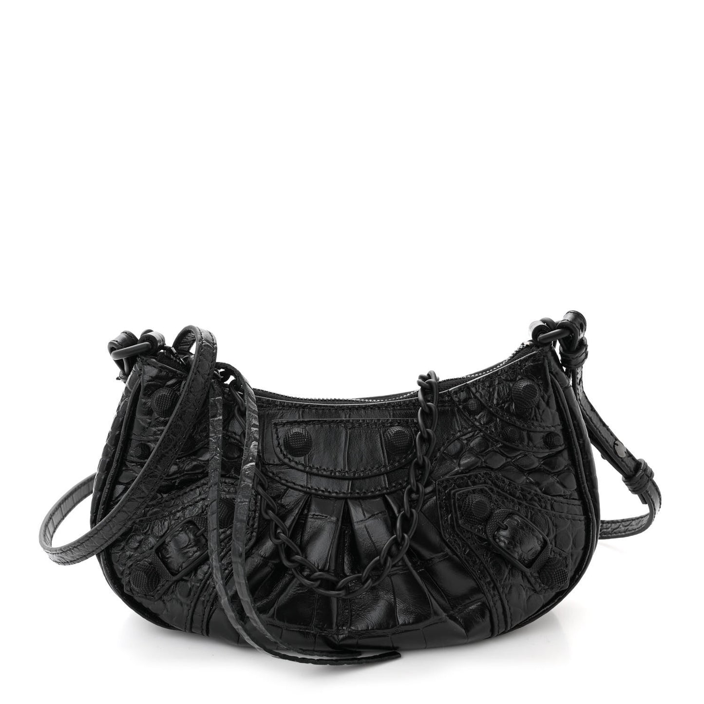 Extra Supple Calfskin Crystal Crocodile Embossed Le Cagole Mini Purse With Chain Black