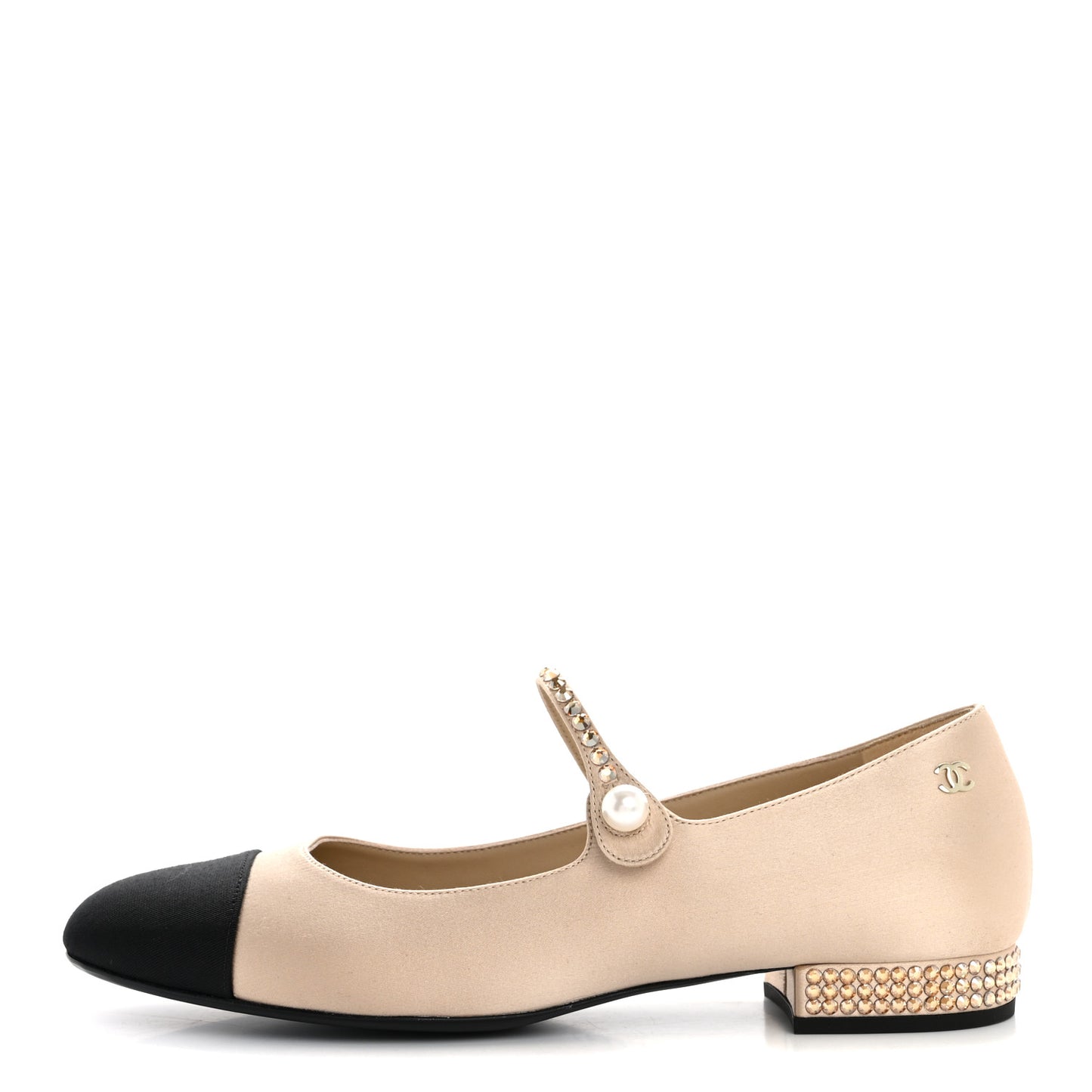 Strass Satin Grosgrain Mary Jane Flats 38.5 Beige Black