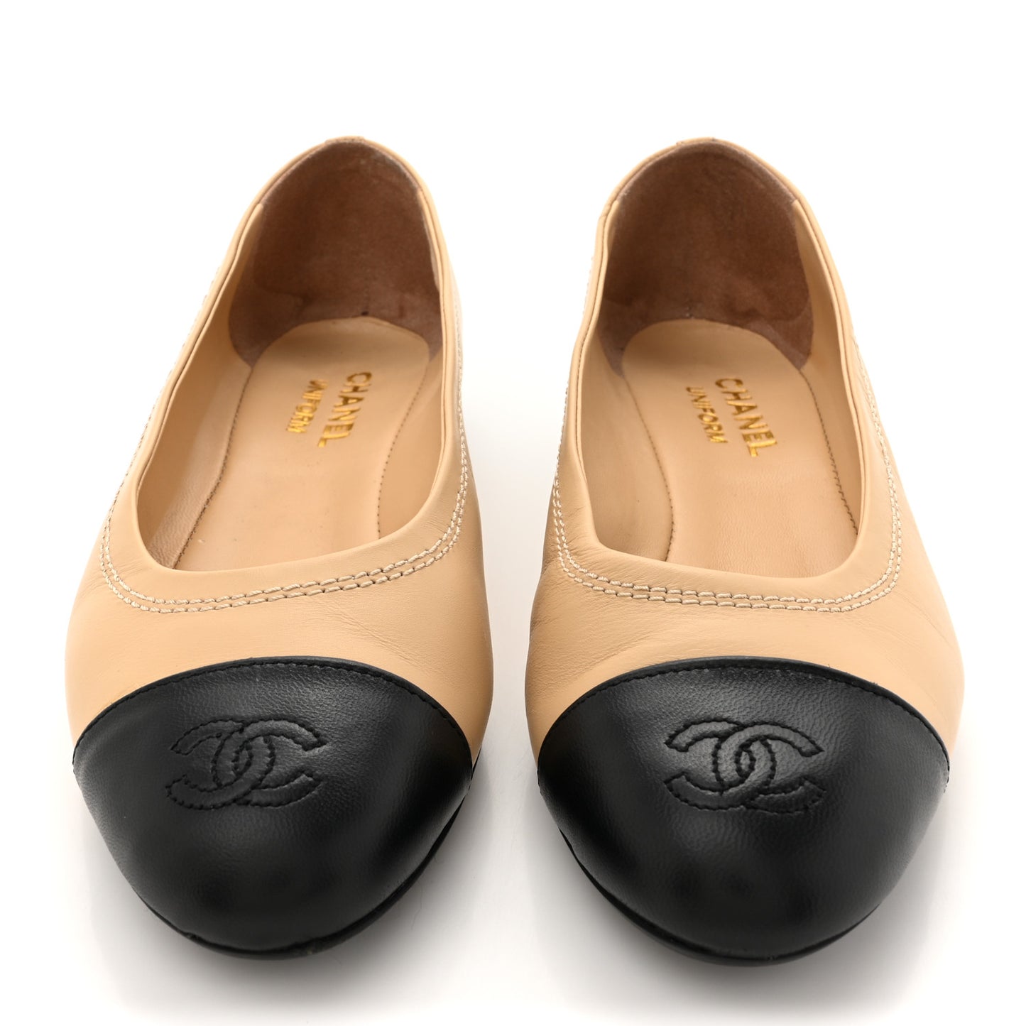 Lambskin Cap Toe CC Uniform Ballerina Flats 38 Beige Black