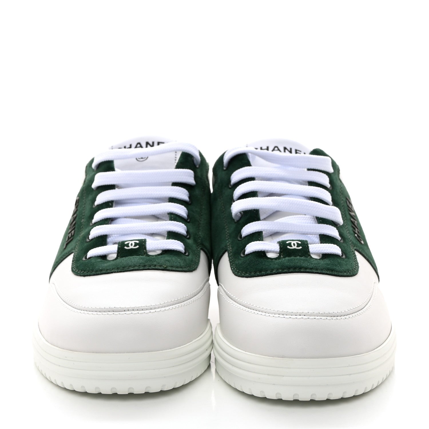Chanel Calfskin Suede Calfskin Logo Womens Sneakers 37.5 White Dark Green 2 of 10