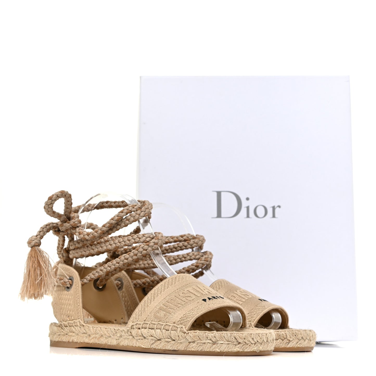 Canvas Embroidered Granville Ankle Tie Espadrille Flat Sandals 36 Cream