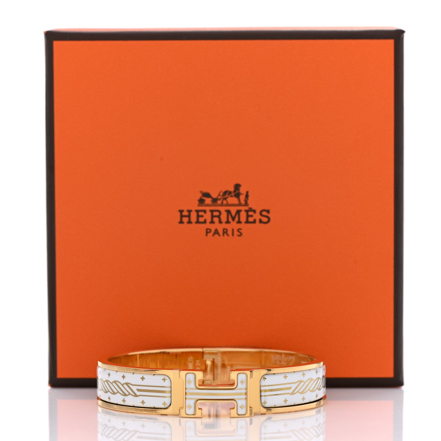 Enamel Printed Quadrige Au Fil Narrow Clic Clac H Bracelet PM Or White