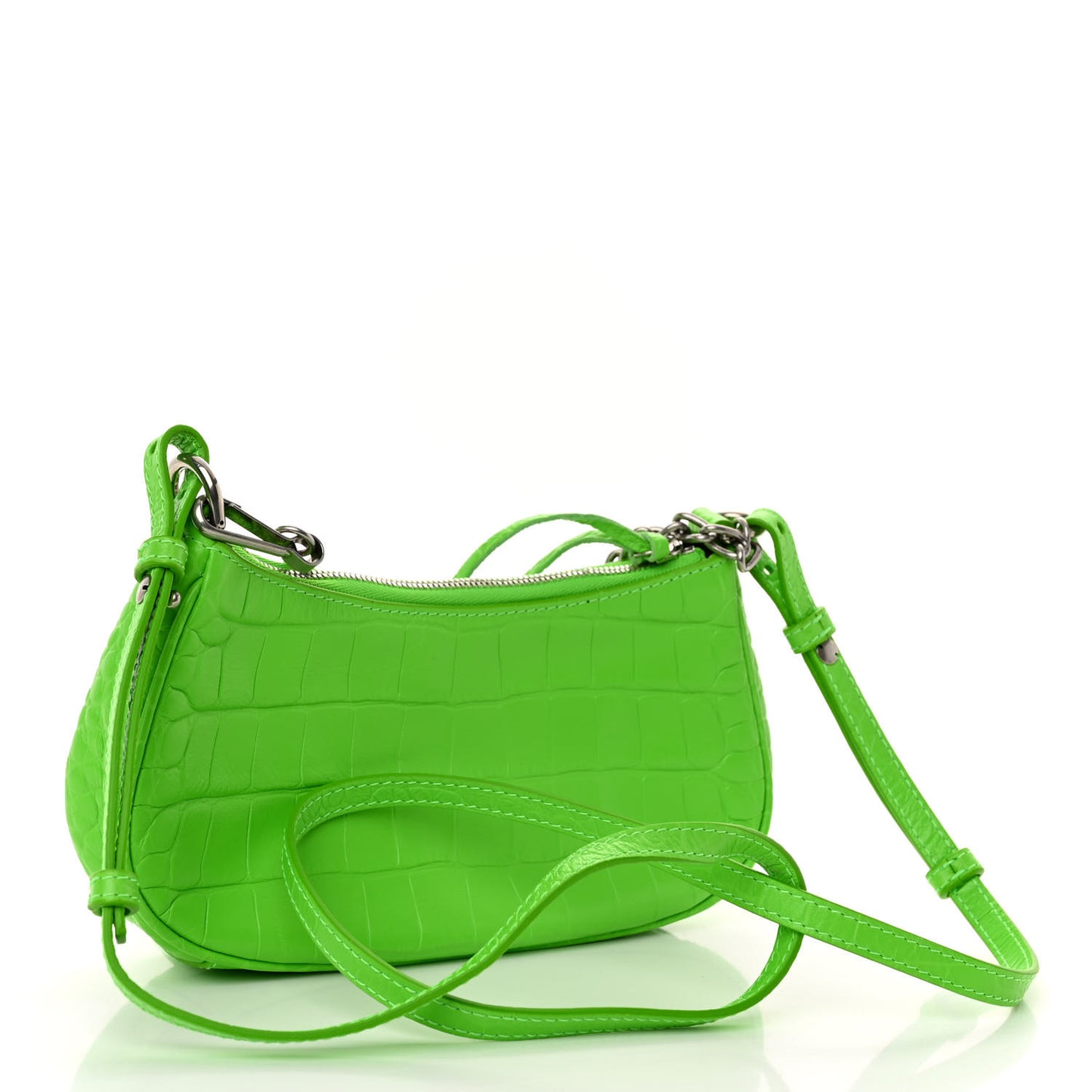 Extra Supple Calfskin Crocodile Embossed Le Cagole Mini Purse With Chain Acid Green
