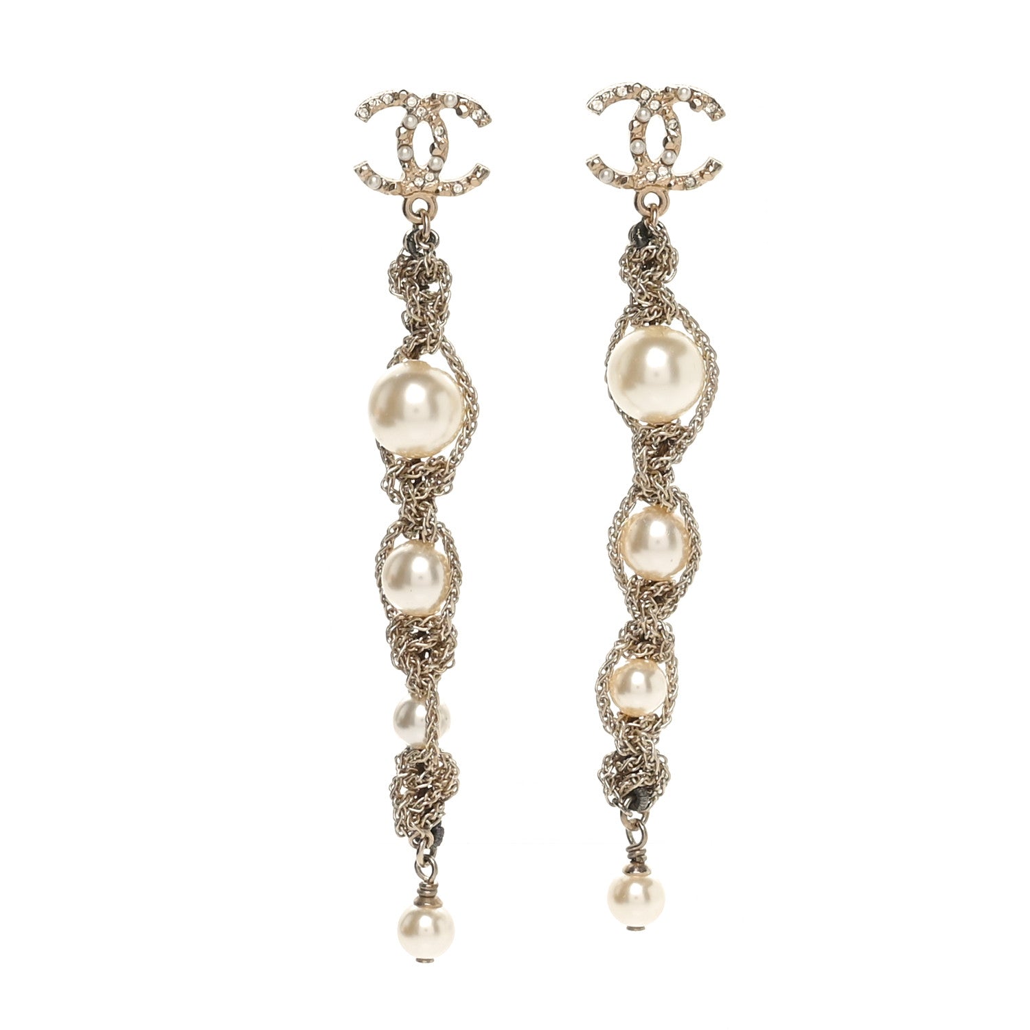 Chanel Pearl Crystal CC Chain Drop Earrings Gold 1 of 3