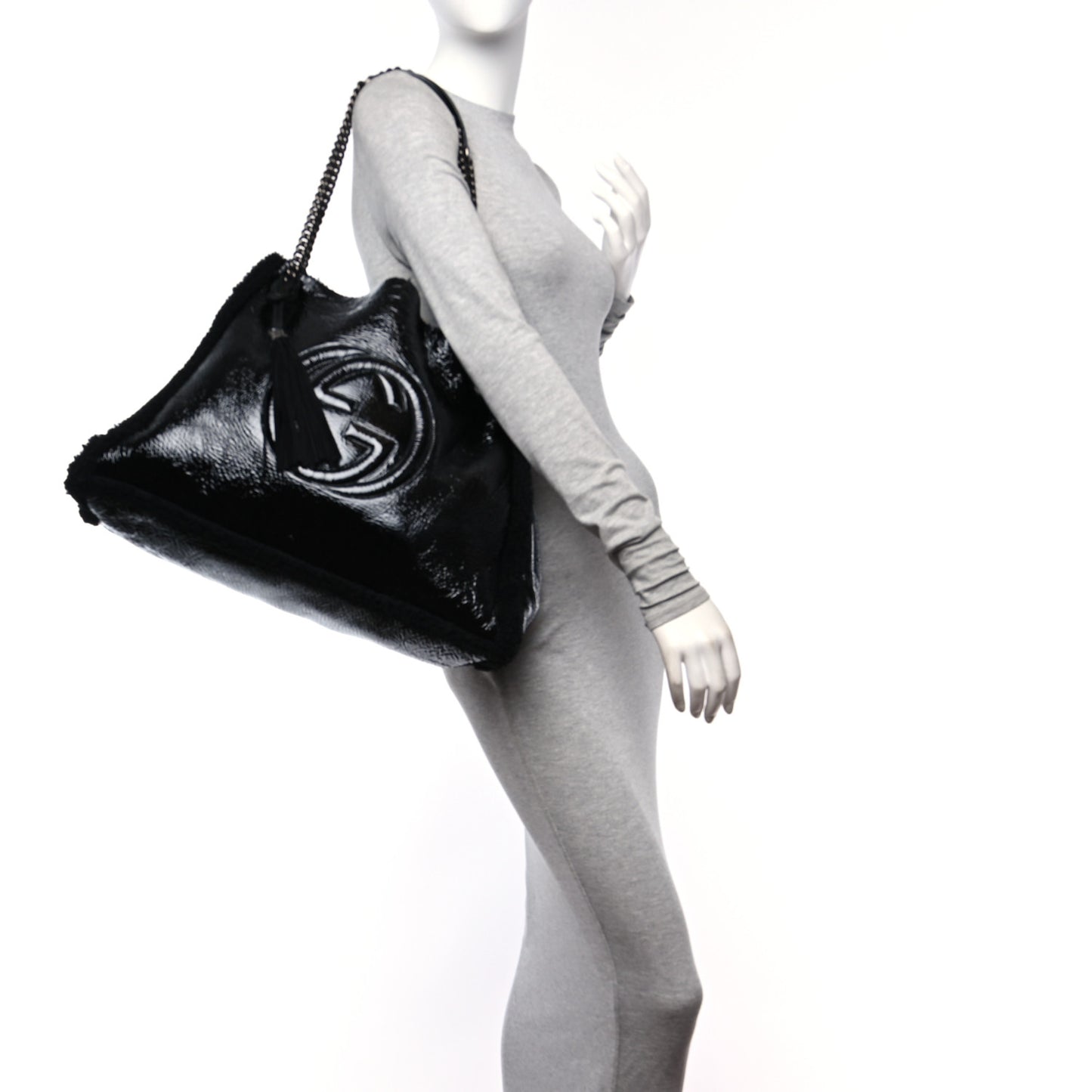 Patent Shearling Large Soho Chain Shoulder Bag Black