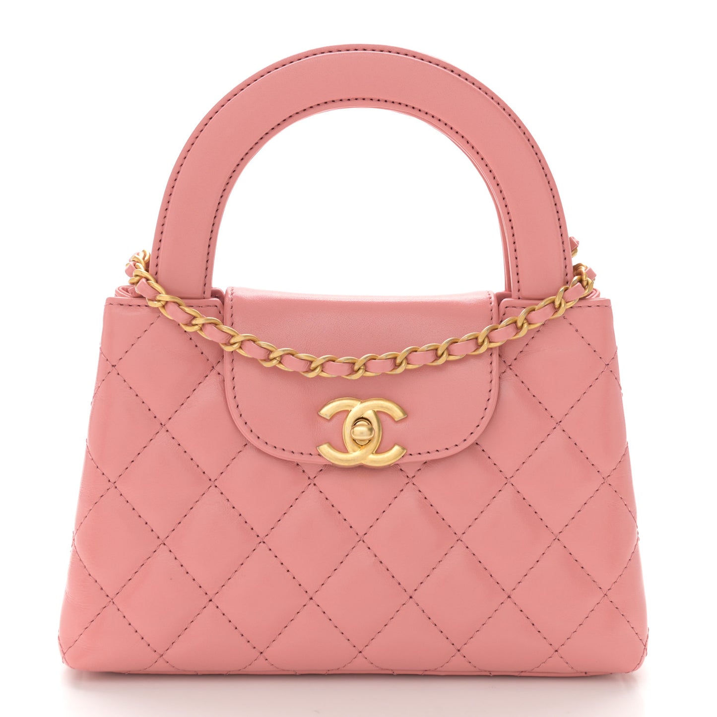 Shiny Aged Calfskin Quilted Nano Kelly Shopper Coral Pink
