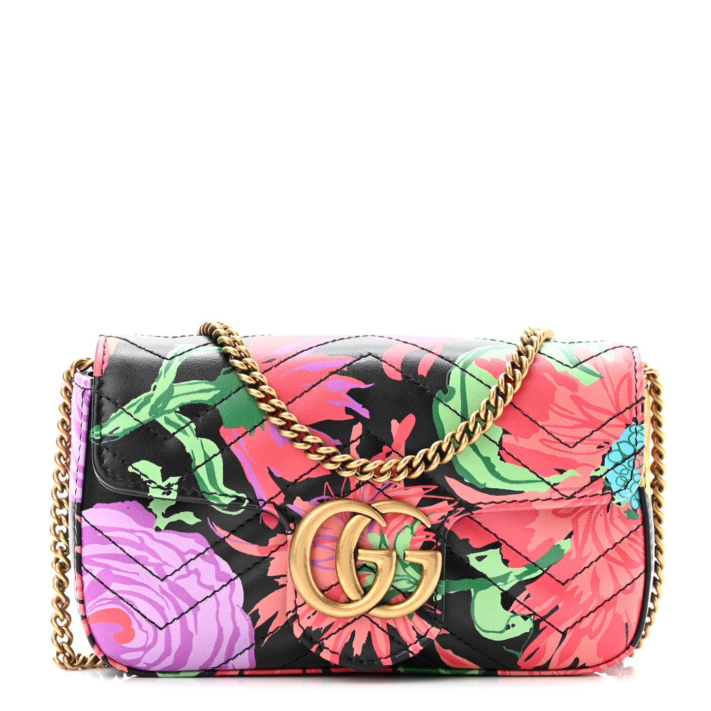 X KEN SCOTT Calfskin Matelasse Floral Print Super Mini GG Marmont Shoulder Bag Black