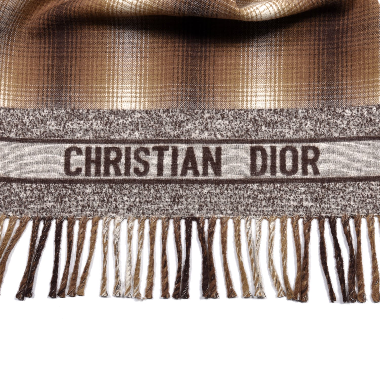 Christian Dior Wool Silk Blend Plaid Fringe Scarf Brown 3 of 4