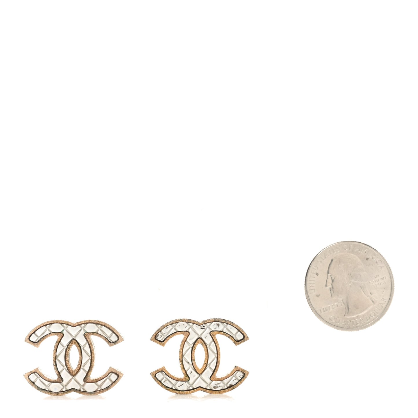 Metal Quilted CC Earrings Gold White