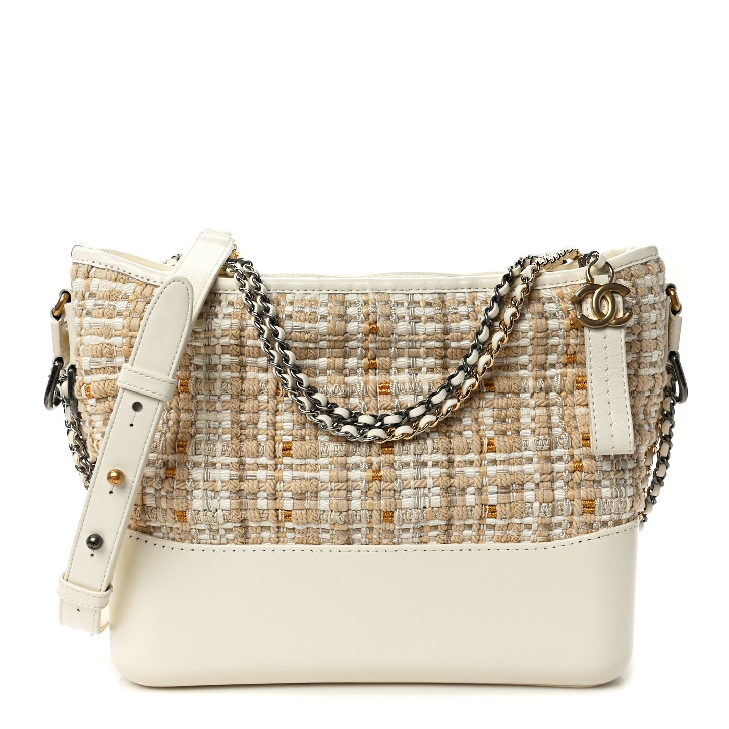 Tweed Calfskin Quilted Medium Gabrielle Hobo Beige Ivory