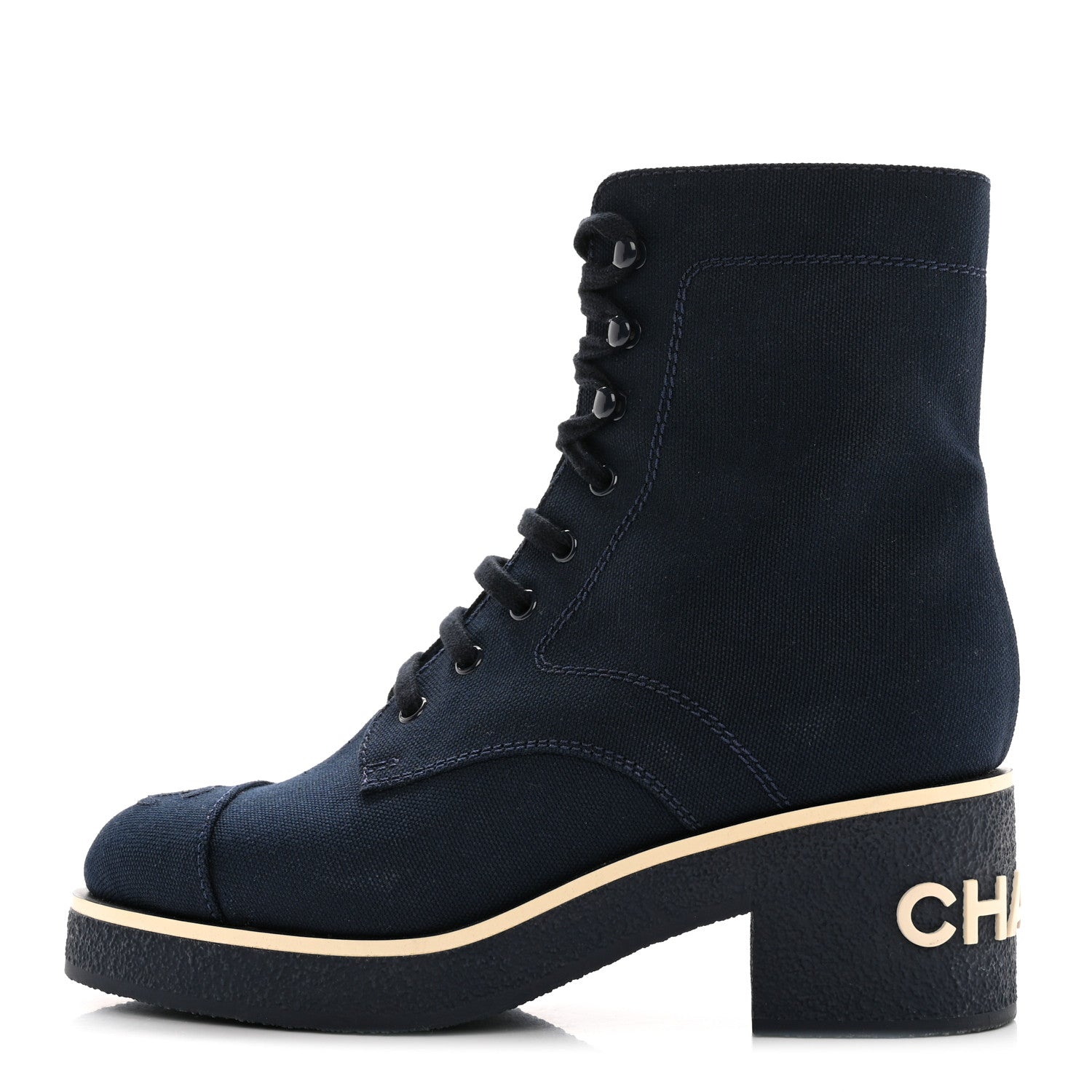 Chanel Fabric Lace Up Combat Boots 38 Navy Blue 1 of 16