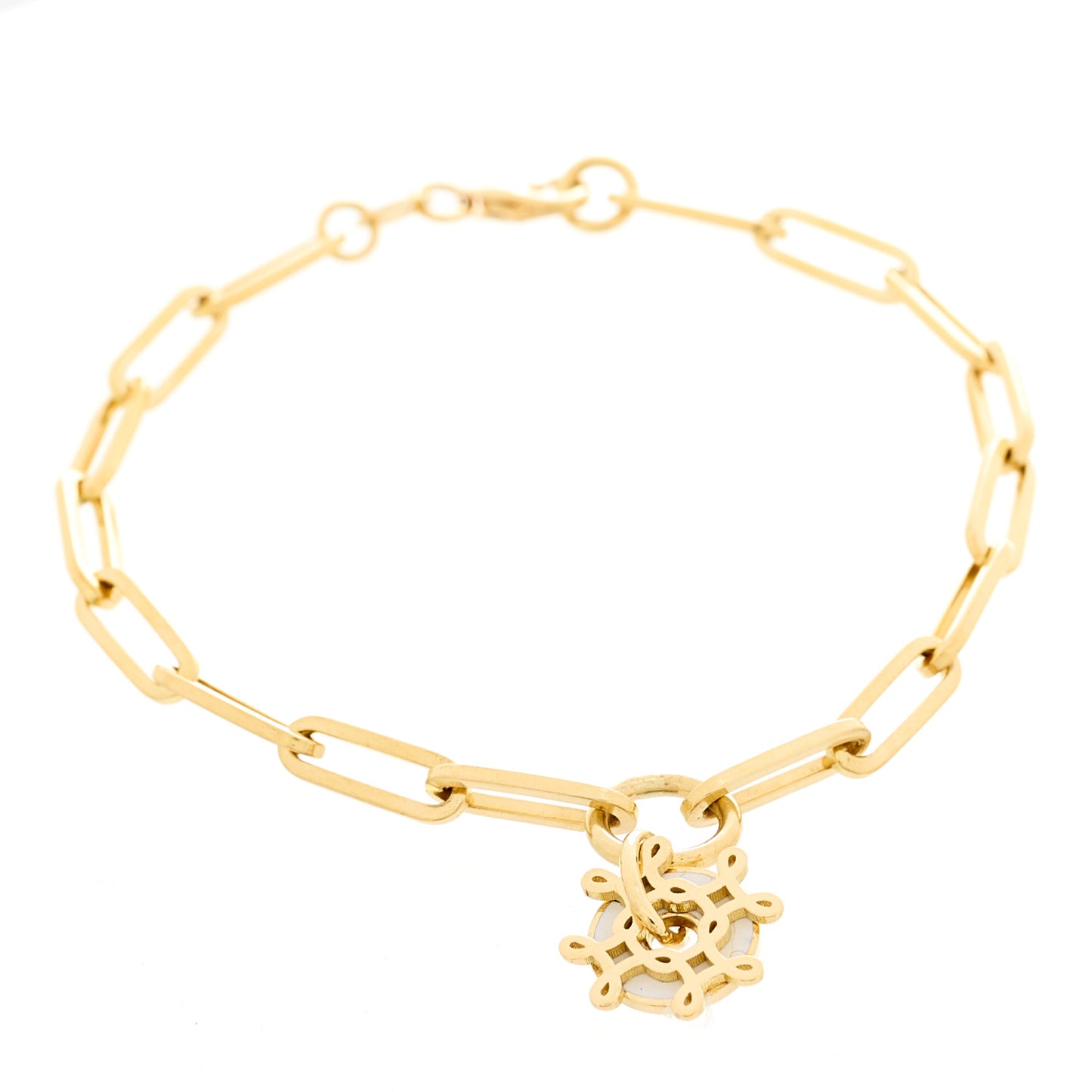 18K Yellow Gold Enamel True Love Classic Fob Chain Bracelet White