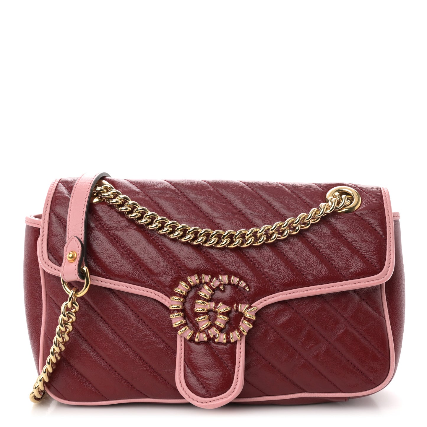 Azalea Calfskin Enamel Matelasse Diagonal Small Torchon GG Marmont Shoulder Bag New Cherry Red Wild Rose