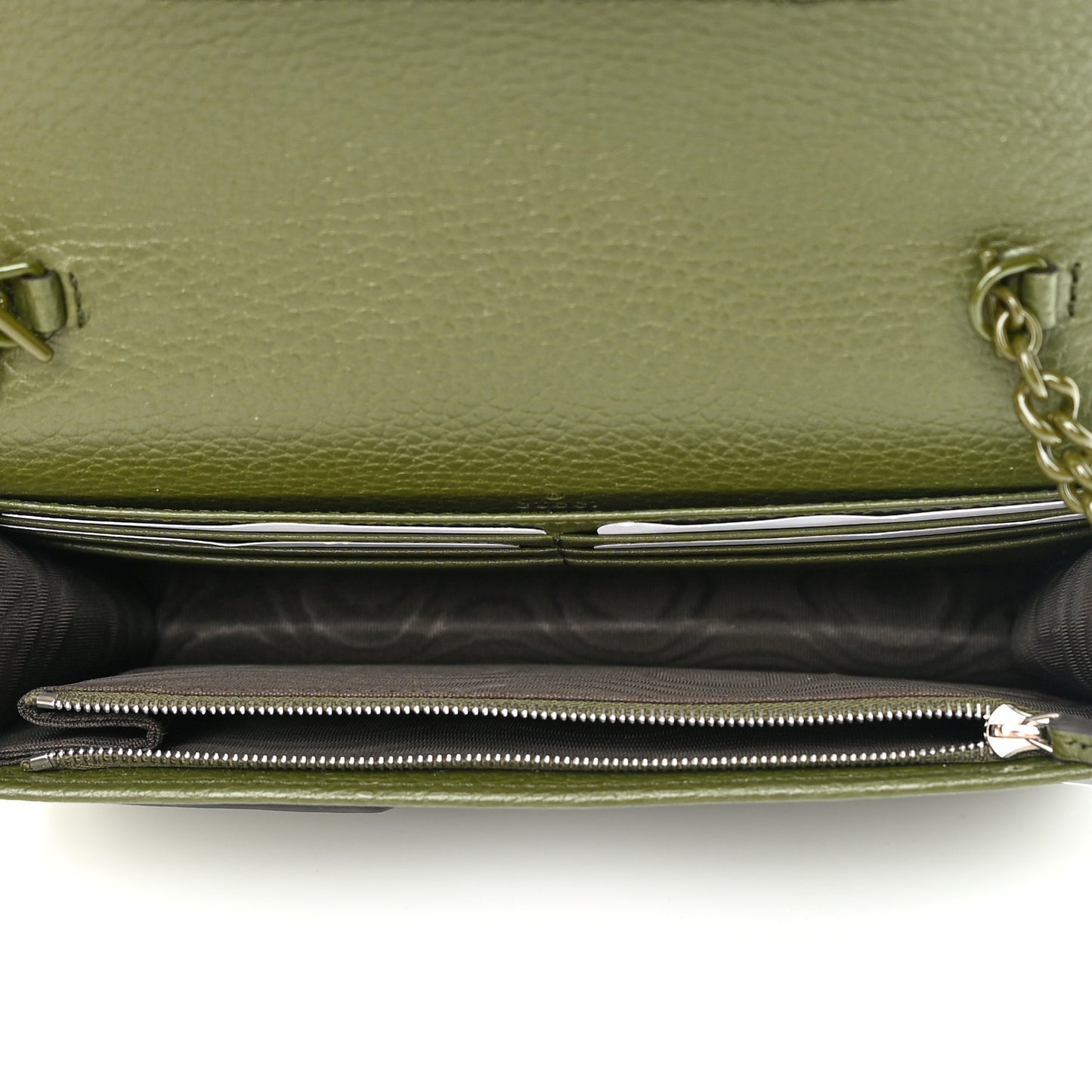 Dollar Calfskin Enamel Monochrome Mini GG Marmont Chain Wallet Military Wood