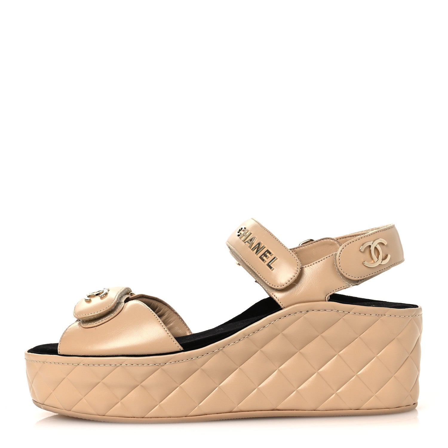 Chanel Shiny Calfskin Logo Platform Sandals 40 Beige 1878155