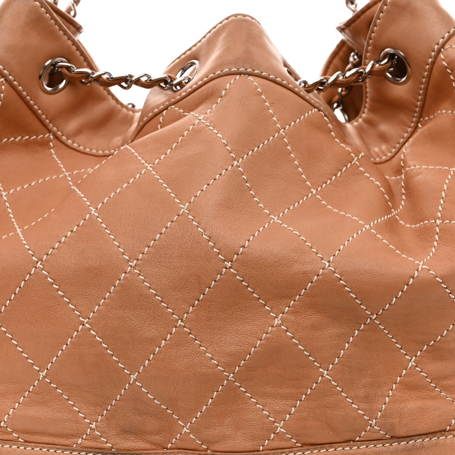 Chanel Lambskin Contrast Stitch Large Drawstring Tote Dark Beige 12 of 15