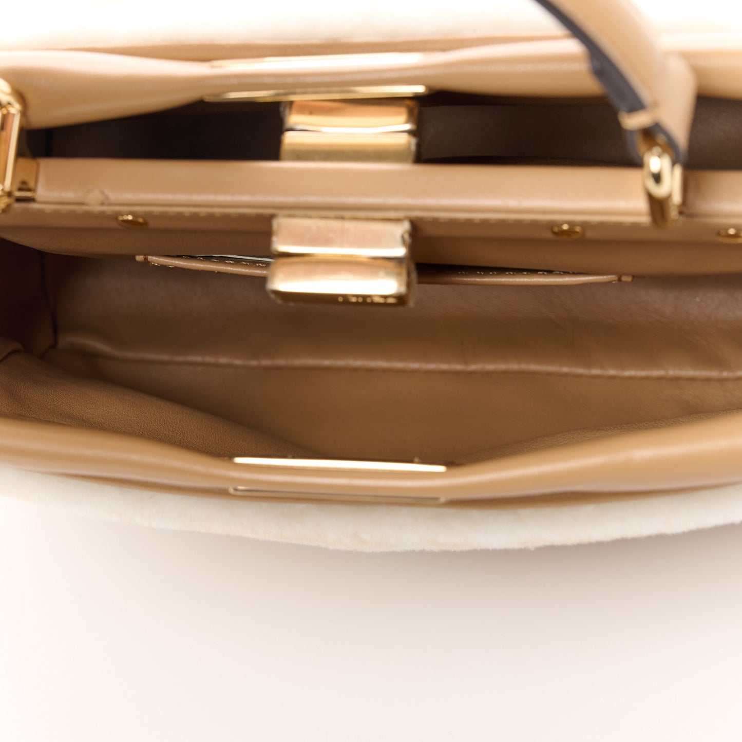 Shearling Nappa Macro FF 1974 Mini Peekaboo Iconic Satchel White Ice Cuoio Miele Scuro