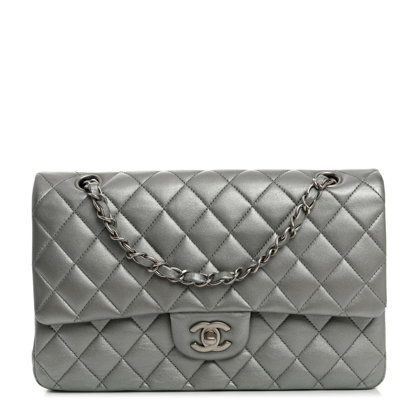 Metallic Lambskin Quilted Medium Double Flap Silver