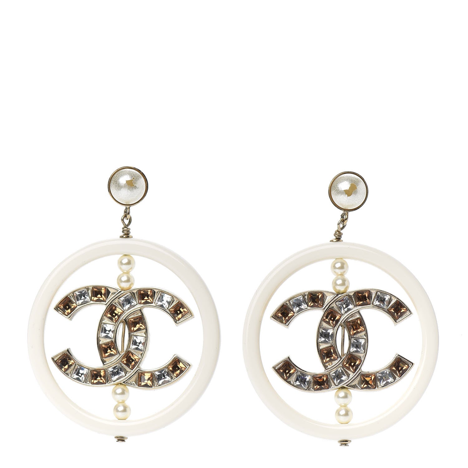 Chanel Resin Crystal Baguette Pearl CC Drop Hoop Earrings Gold White 1 of 6