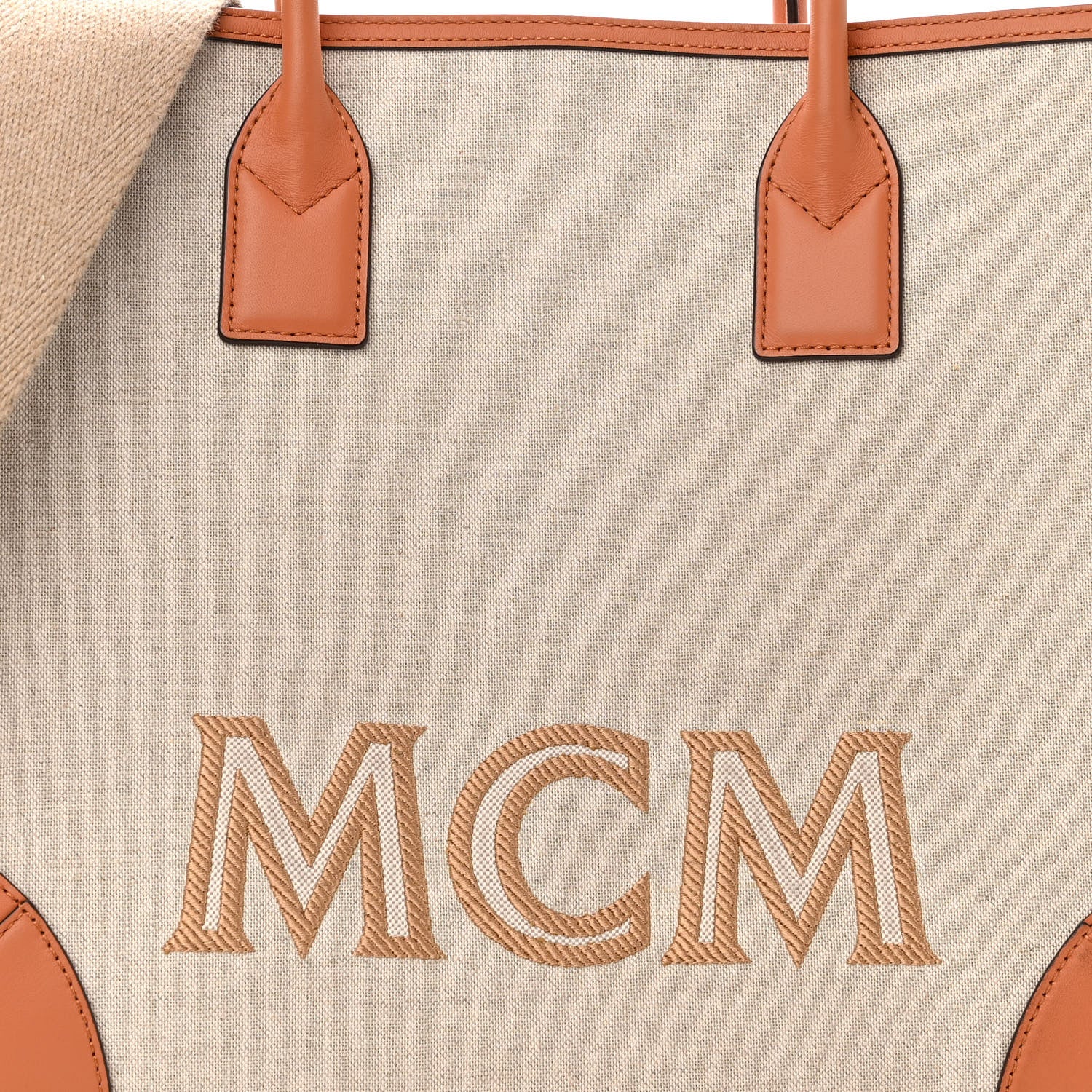 MCM Calfskin Linen Large Munchen Tote Cognac 8 of 12