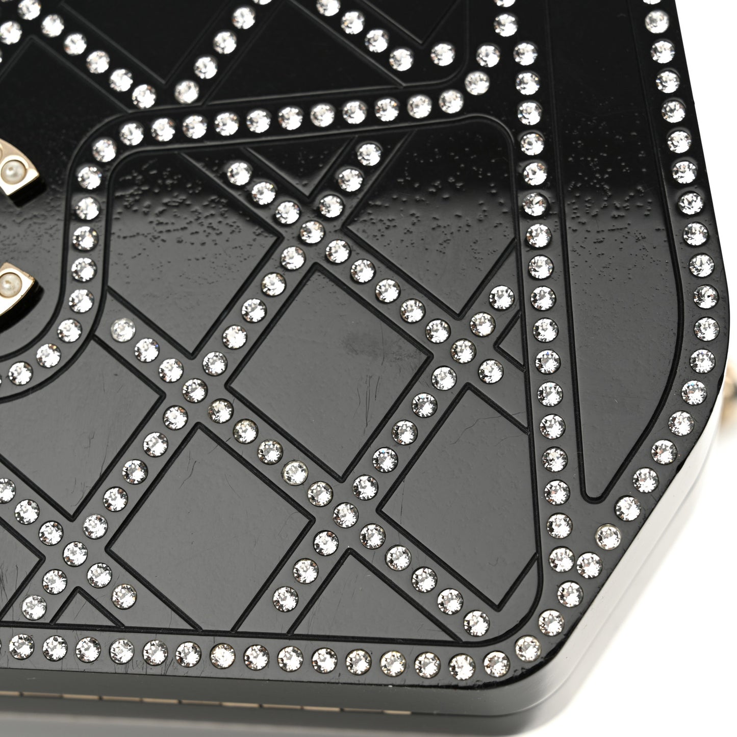 Plexiglass Crystal Quilted Minaudiere Clutch Black White