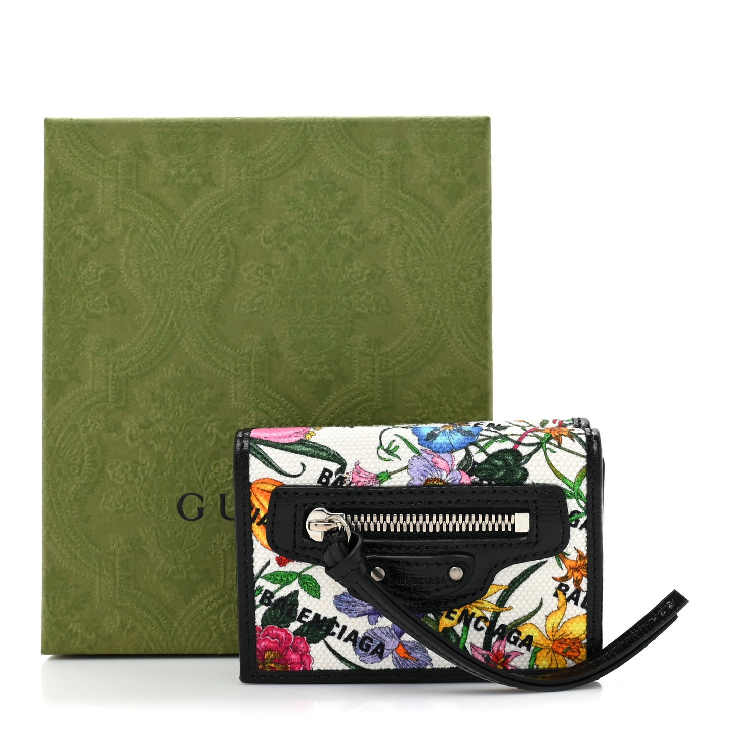 X GUCCI Canvas Azalea Calfskin Flora Logo Print Neo Classic Wallet White Multicolor Black