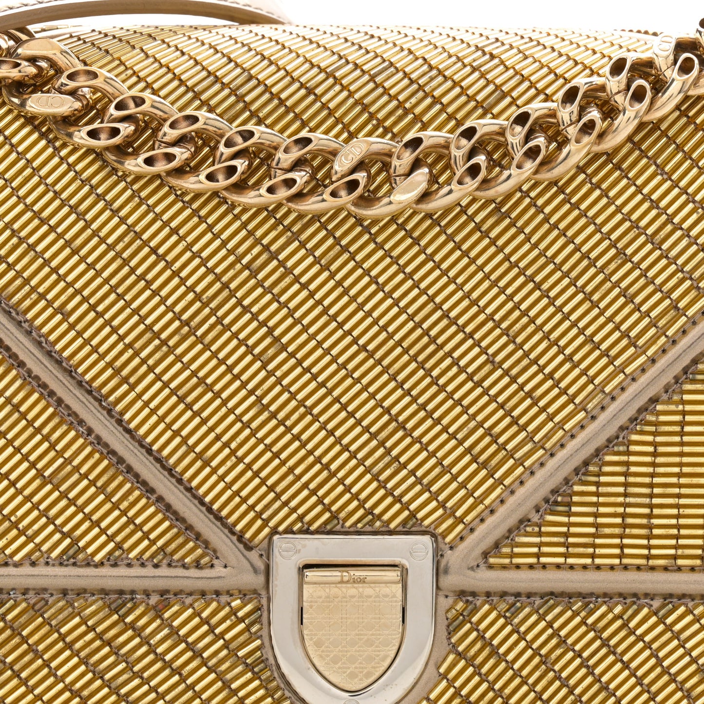 Metallic Calfskin Beaded Small Diorama Flap Bag Gold