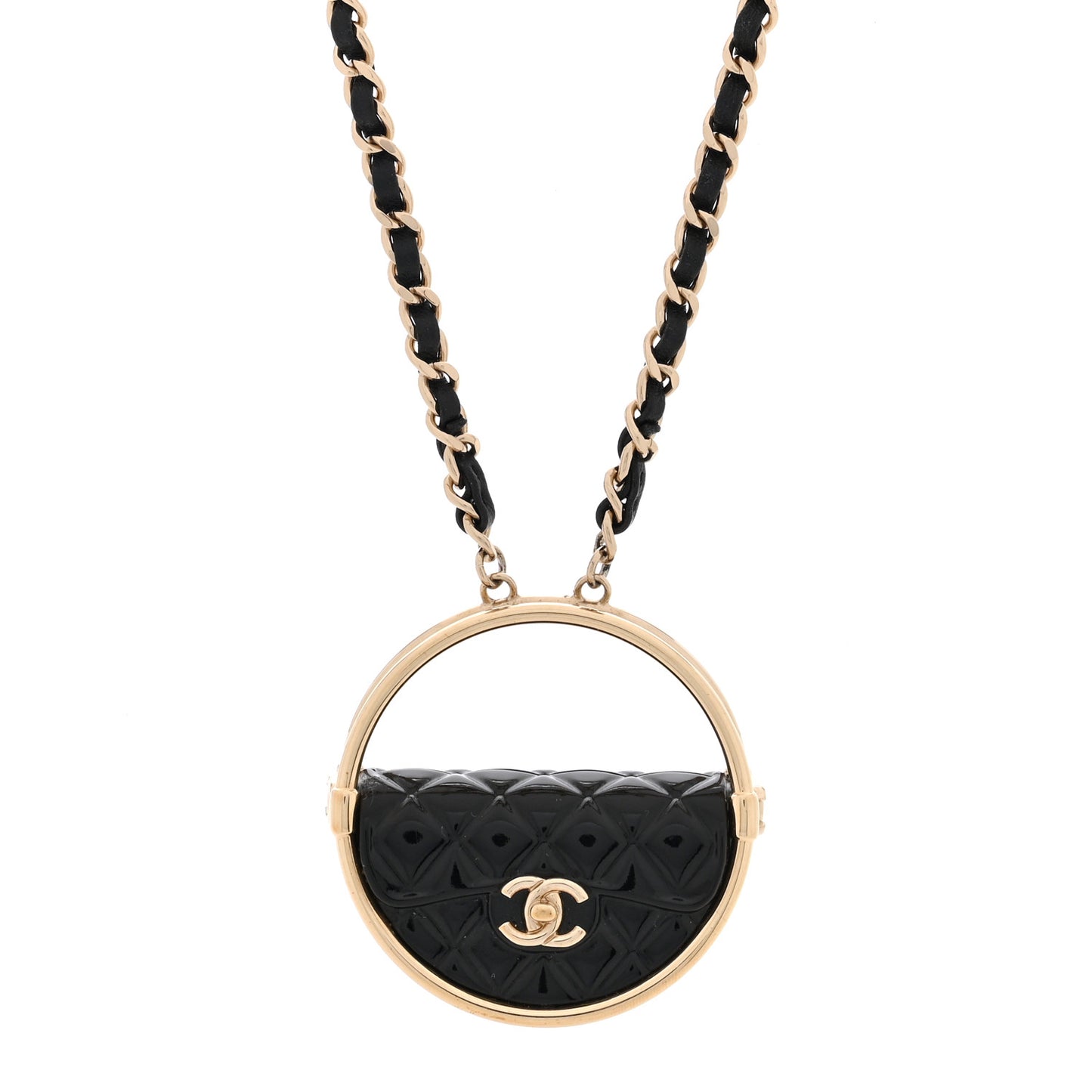 Metal Resin Quilted Flap Bag Hoop Mirror Necklace Black Gold