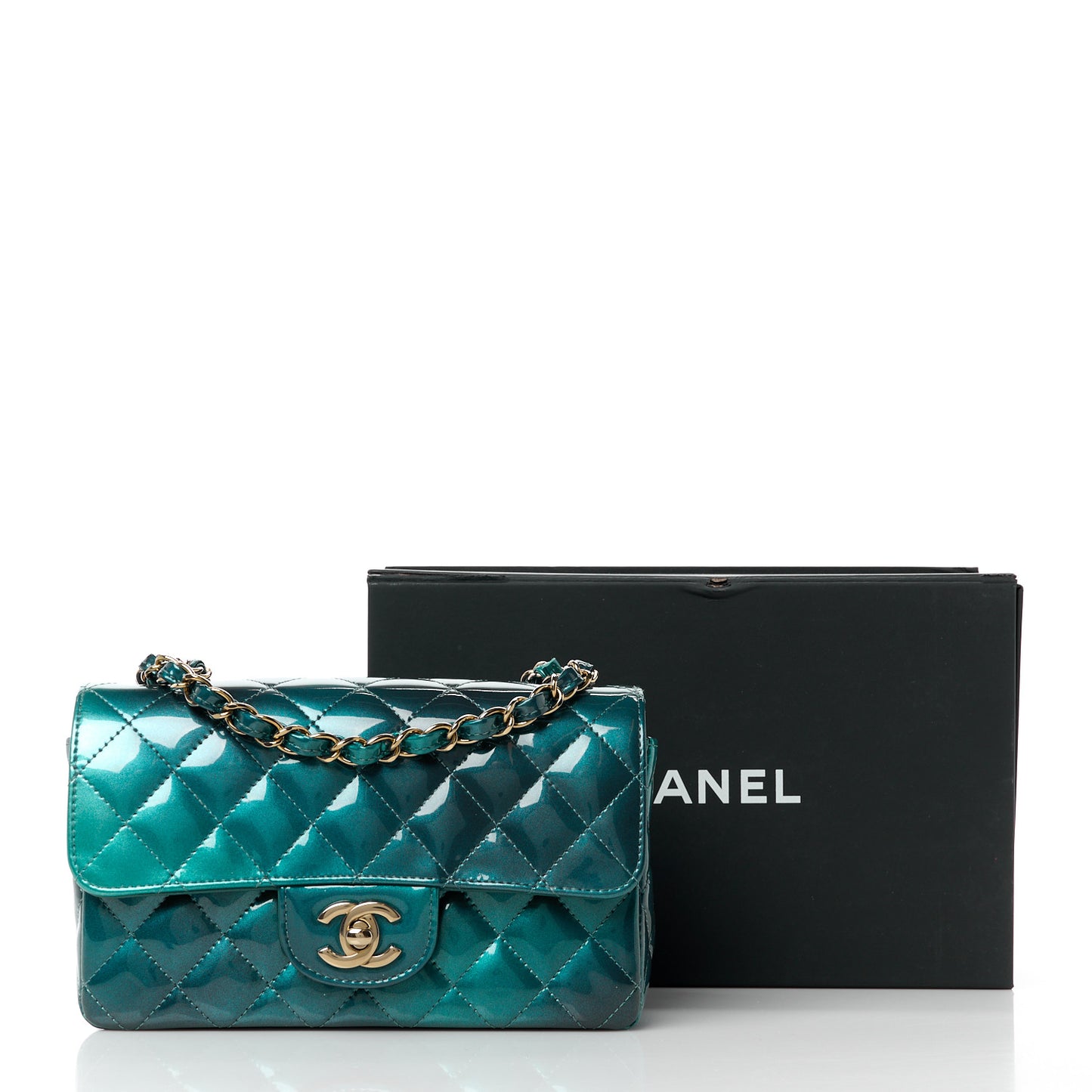 Shaded Patent Calfskin Quilted Mini Rectangular Flap Green Blue