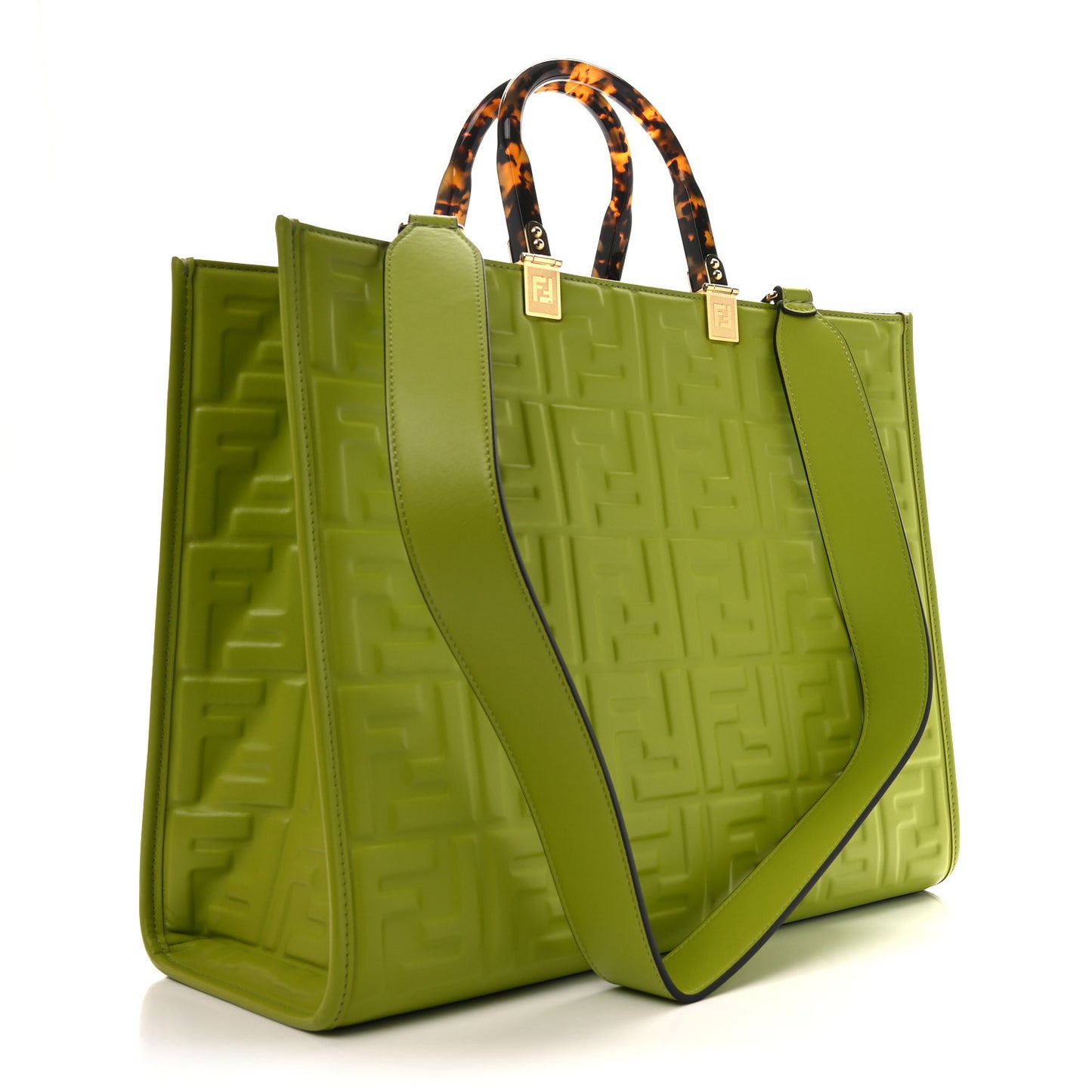 Vitello Plexiglass FF Embossed Medium Fendi Sunshine Shopper Tote Wasabi