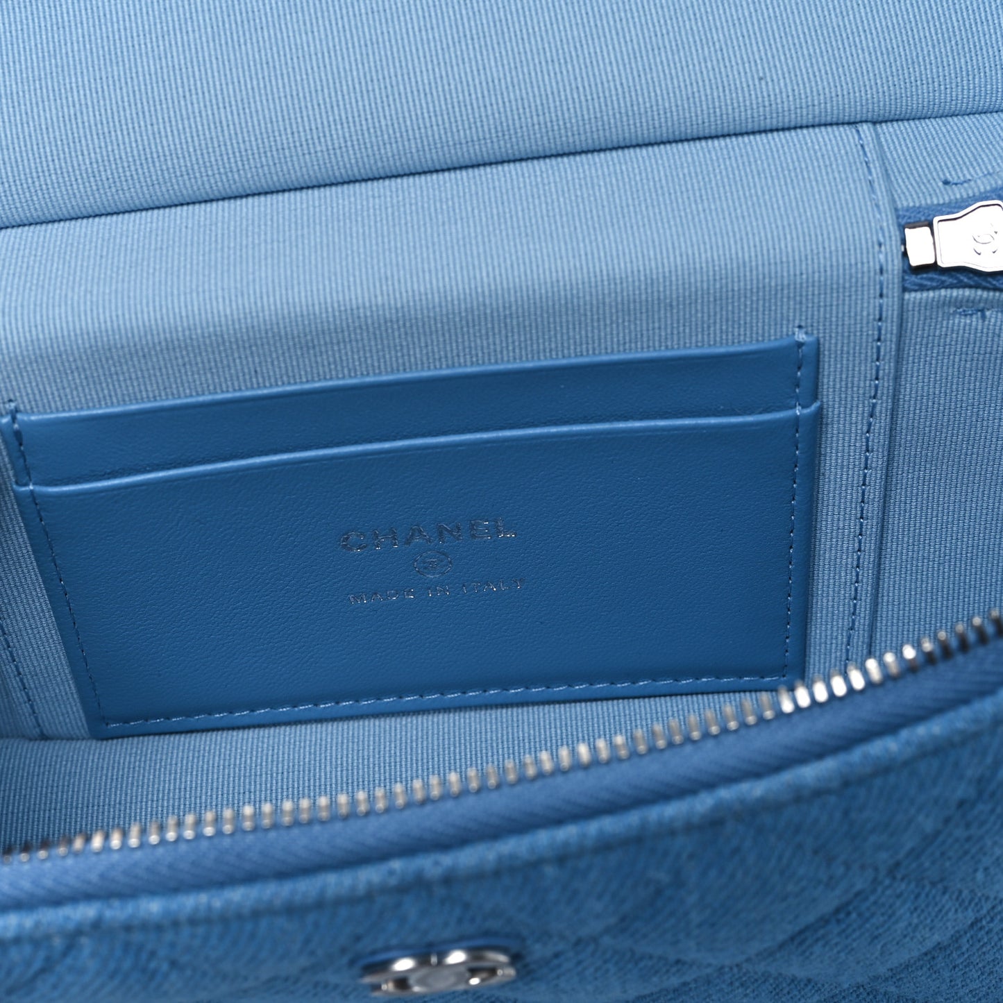 Denim Quilted Top Handle Slim Vanity Case With Chain Blue