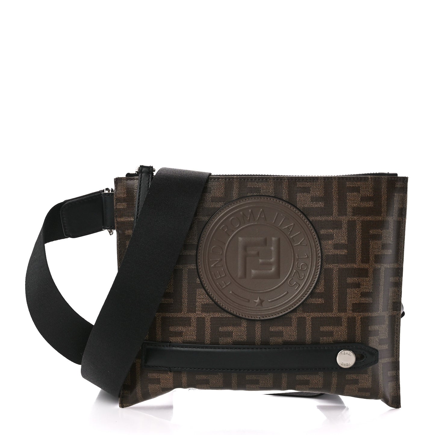 Glazed Fabric Vitello Century FF 1974 Stamp Patch Messenger Bag Mogano Panna Black